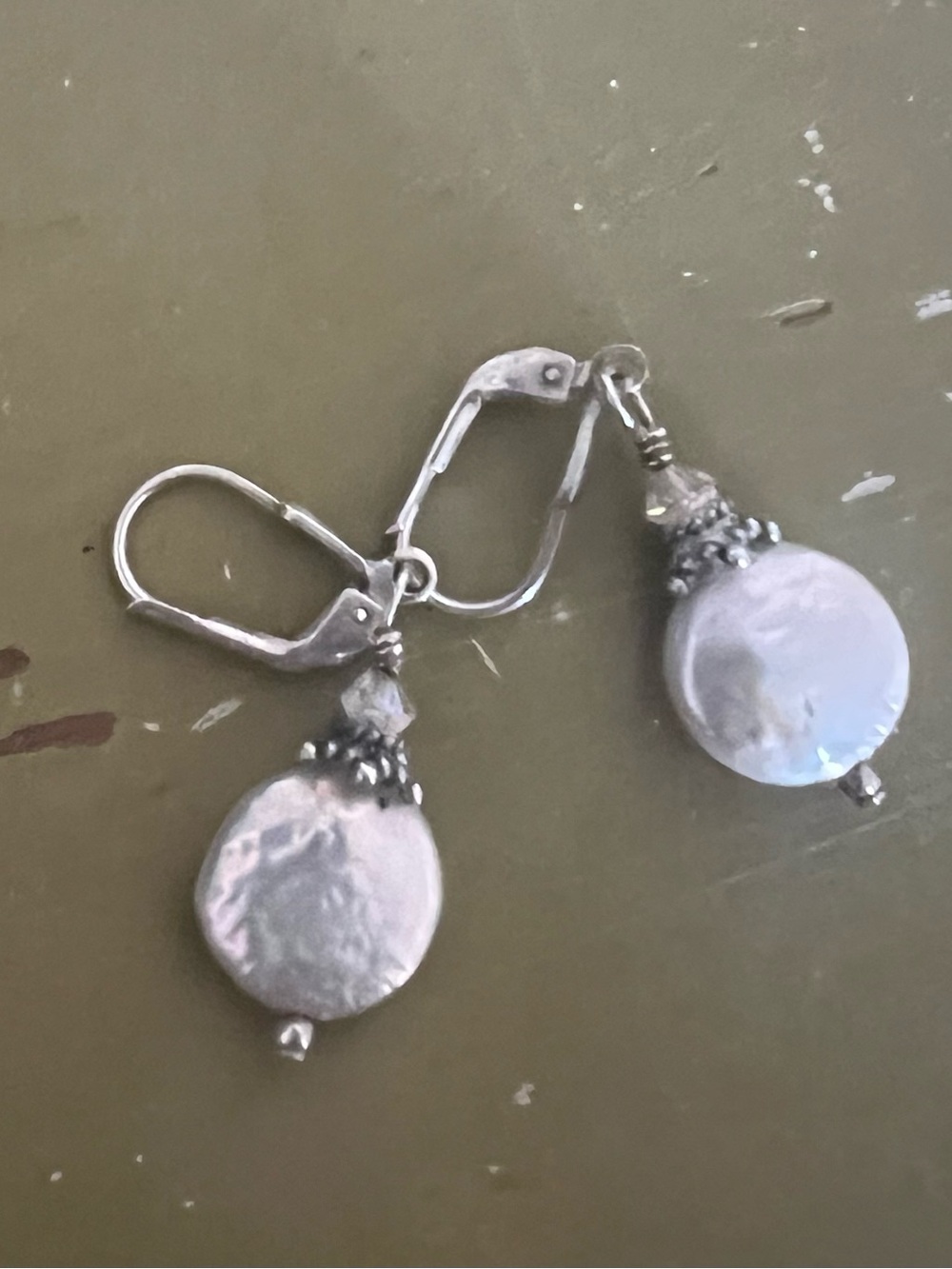 Handcrafted White Coin Pearl Drop Earrings with Silver Accents